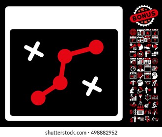 Path Points Calendar Page pictograph with bonus calendar and time management icon set. Vector illustration style is flat iconic symbols, red and white, black background.