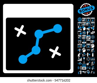 Path Points Calendar Page pictograph with bonus calendar and time management clip art. Vector illustration style is flat iconic symbols, blue and white, black background.