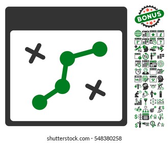 Path Points Calendar Page pictograph with bonus calendar and time management pictograph collection. Vector illustration style is flat iconic symbols, green and gray, white background.