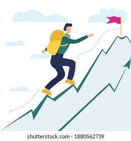 Path to reach the goal, victory and Cup, man running to the top of the mountain with a backpack, Upward movement motivation, vector illustration on white background