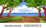 Path to river through green summer forest cartoon background. Blue sky with clouds and ocean view for journey in game illustration. Vector landscape of nature environment with road way to river.