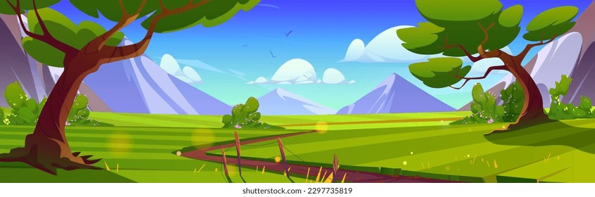 Path road in forest near mountain and grass field cartoon landscape. Illustrated nature background on sunny day with grassland, alps and beautiful outdoor environment. Quiet wild fairy fauna for game