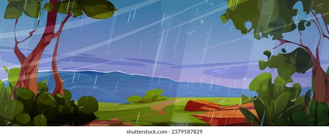 Path to sea with rain and wind storm vector illustration. Ocean beach in windy weather with high tree, stormy water and falling raindrop graphic landscape background. Coast road through grass and rock