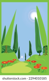 path to the sea under green trees with red flowers under the bright sun. vector cartoon drawing.