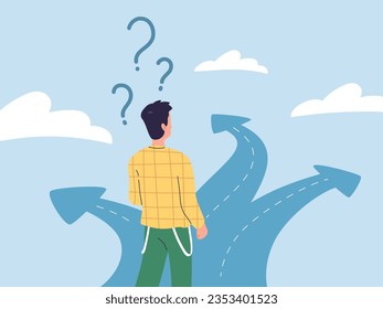 Path select. Decisive or uncertain businessman with questions choosing way direction of future career scenario, alternative paths choice on crossroad concept vector illustration of choice uncertain