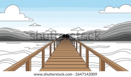 A Path to Serenity A Wooden Dock Extending Towards a Distant Mountain Range