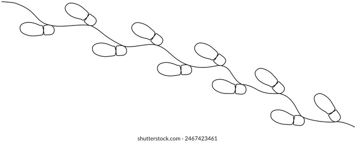 Trayecto de Pistas de zapatos dibujadas en una línea editable continua. Huella diagonal de los zapatos de las mujeres o de los hombres en estilo lineal simple. Ilustración vectorial