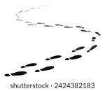 Path of shoe tracks. Walking away footsteps. Foot stamps moving beyond horizon. Soles steps going perspective. Boots footprints. Footwear imprints. Footmarks way. Recent