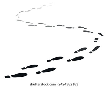 Path of shoe tracks. Walking away footsteps. Foot stamps moving beyond horizon. Soles steps going perspective. Boots footprints. Footwear imprints. Footmarks way. Recent