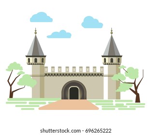 Path to small ancient brick castle with two towers