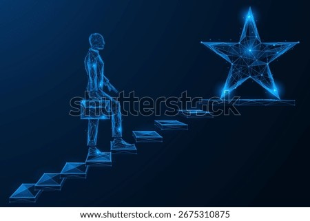 The path to the star. A man with a suitcase climbs the stairs from virtual platforms to a bright star. The concept of moving forward, career growth, achieving goals and striving for success.
