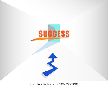 The path to success with blue arrow in white room background.