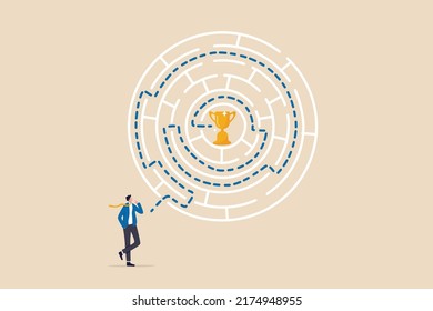 Path to success, challenge to find the way to achieve target or goal and win trophy, solve problem or business decision concept, contemplation businessman finding the way in labyrinth to reach target.