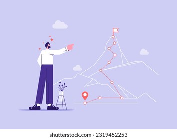 Path of success concept, Businessman pointing and look up to the goal, mountain climbing progress route to peak in flat simple style, business journey vector