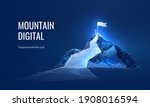 The path to success in the digital futuristic style. Business goals achievement concept. Vector illustration of a mountain with a flag in a polygonal wireframe style