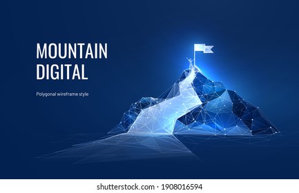 The path to success in the digital futuristic style. Business goals achievement concept. Vector illustration of a mountain with a flag in a polygonal wireframe style - Shutterstock ID 1908016594