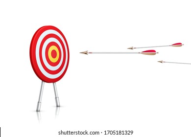 Path to success. Goal achievement concept. Realistic aim and arrows isolated on white background. Vector illustration.