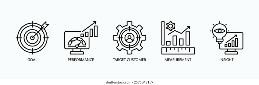 Path To Success Icon Set Isolated Vector With Icon Of Goal, Performance, Target Customer, Measurement, Insight In Outline Style