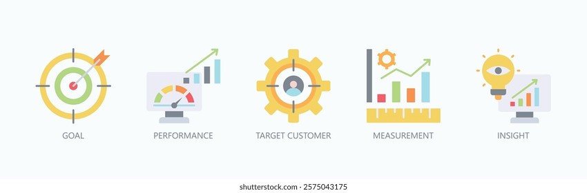 Path To Success Icon Set Isolated Vector With Icon Of Goal, Performance, Target Customer, Measurement, Insight In Flat Style