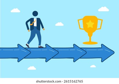 Path to Success Illustration. Conceptual illustration of a businessman walking on a path of arrows towards a golden trophy. Businessman, Arrows, Trophy.