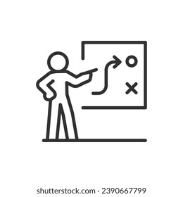The path to success, linear icon. Direction. A person points to a strategic path. Decision making. Line with editable stroke