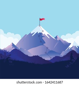 Path to success. Majestic mountain with a difficult trail leading to a red flag on top. Overcome challenge, hard work lead to success, motivational business concept. Vector illustration.