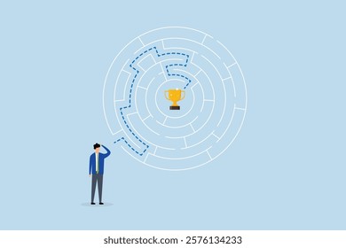 Path to success, reflection entrepreneur navigating the maze to achieve goal. 