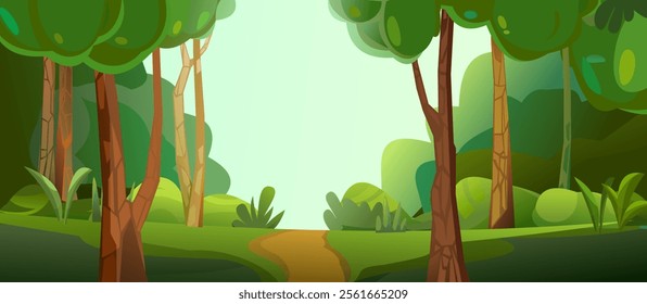 Path in summer forest. View of trees. Scenery Landscape. Fun cartoon style. Vector