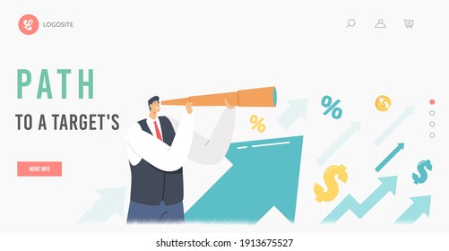 Path to Target Landing Page Template. Businessman Character Watching to Spyglass on Growing Arrows, Searching Successful Financial Ideas. Business Man Planning Strategy. Cartoon Vector Illustration