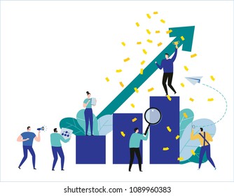 path to a target's growth vector illustration banner.achievement business concept.flat cartoon character design for web.People standing at the top graph.
