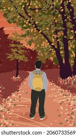 Path through the autumnal forest. Man with backpack and sweatshirt looking the view in the fall season nature with foliage in warm tones. Hiking illustration in flat style. Walking in autumn outdoors.