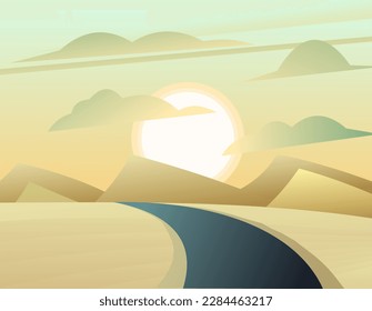 Path through desert sand hills. Landscape with an asphalt road stretching into distance. Journey beyond horizon. Cartoon fun style. Flat design. Vector.