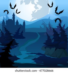 The path through the enchanted forest at night. Vector cartoon close-up illustration.