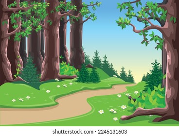 Path through a fairy tale forest with big old trees and a flowering meadow. Vector illustration of beautiful nature.