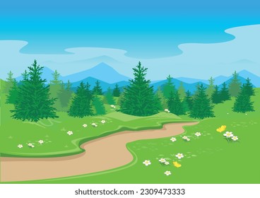 Path through a fairy tale forest with big old trees and a flowering meadow. Vector illustration of beautiful nature.