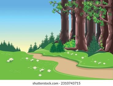 Path through a fairy tale forest with big old trees and a flowering meadow. Vector illustration of beautiful nature.