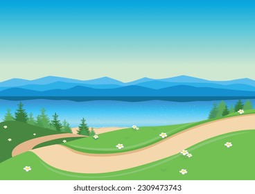 Path through a flowering meadow against the backdrop of a beautiful landscape. Travel and outdoor recreation. Vector illustration of beautiful nature.