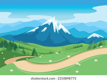 Path through a flowering meadow against the backdrop of a beautiful landscape. Travel and outdoor recreation. Vector illustration of beautiful nature.