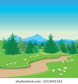 Path through a flowering meadow against the backdrop of a beautiful landscape. Travel and outdoor recreation. Vector illustration of beautiful nature.