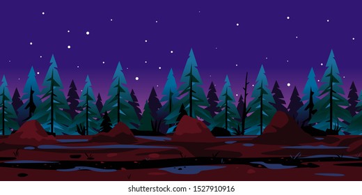 Path through the forest with big dark trees at night game background tillable horizontally, terrible night scene in spruce forest