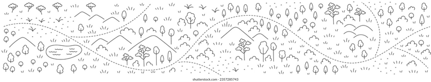 Path through the forest map sketch. Editable outline. Vector line.
