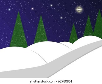 Path through hills of snow with pine trees and stars in the sky.