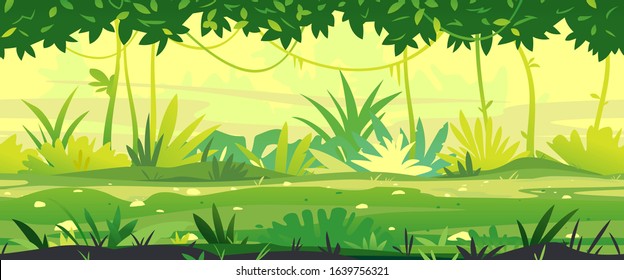 Path through the jungle with green plants nature landscape tillable horizontally, wild jungle forest with bushes and lianas, nature with green jungle foliage and lianas in summer sunny day