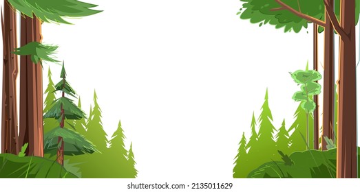 Path through a pine forest. Frame. Beautiful coniferous trees. Summer rural landscape. Illustration in cartoon style flat design Isolated on white background. Vector.