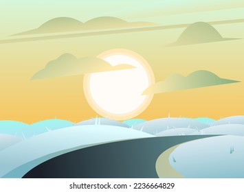 Camino por las colinas rurales. Saltos de invierno y nieve. Paisaje con una carretera asfaltada que se extiende a lo lejos. Viaje más allá del horizonte. Estilo divertido de caricatura. Diseño plano. Vector.