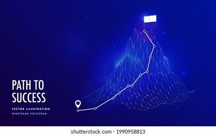 Path To The Top And Success - Trail To Mountaintop In Digital Futuristic Hologram Style. Technology Achievement Concept, Vector Illustration.