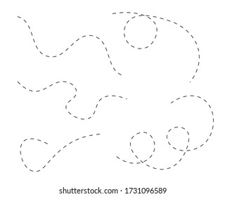 Path travel dotted line trip dashed trace transportation track and silhouette, travelling symbol vector illustration. Transport way pathes lines traces black design isolated on white background