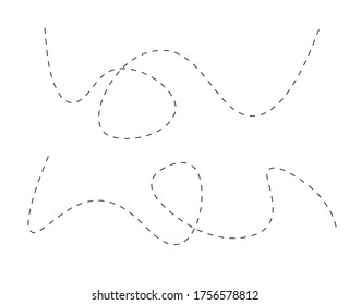 Path travel dotted line trip dashed trace transportation track and silhouette, travelling symbol vector illustration. Transport way pathes lines traces black design isolated on white background