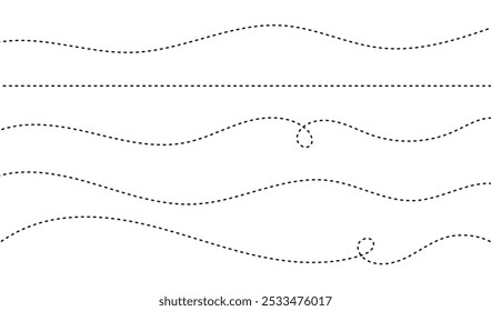 Viaje por el camino viaje en línea punteada rastro discontinuo pista y silueta de transporte, Ilustración vectorial de símbolos de viaje. Líneas de vías de transporte trazas de diseño negro aislado sobre fondo blanco