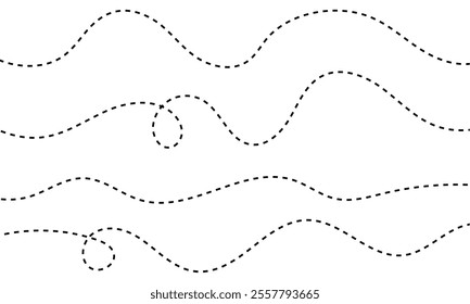 Path travel dotted line trip dashed trace destination track plan and silhouette, travelling symbol vector illustration .